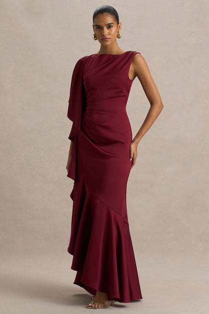 Rosy | Burgundy Satin Boat-Neck Maxi Dress With Front Split And Ruched Detailing