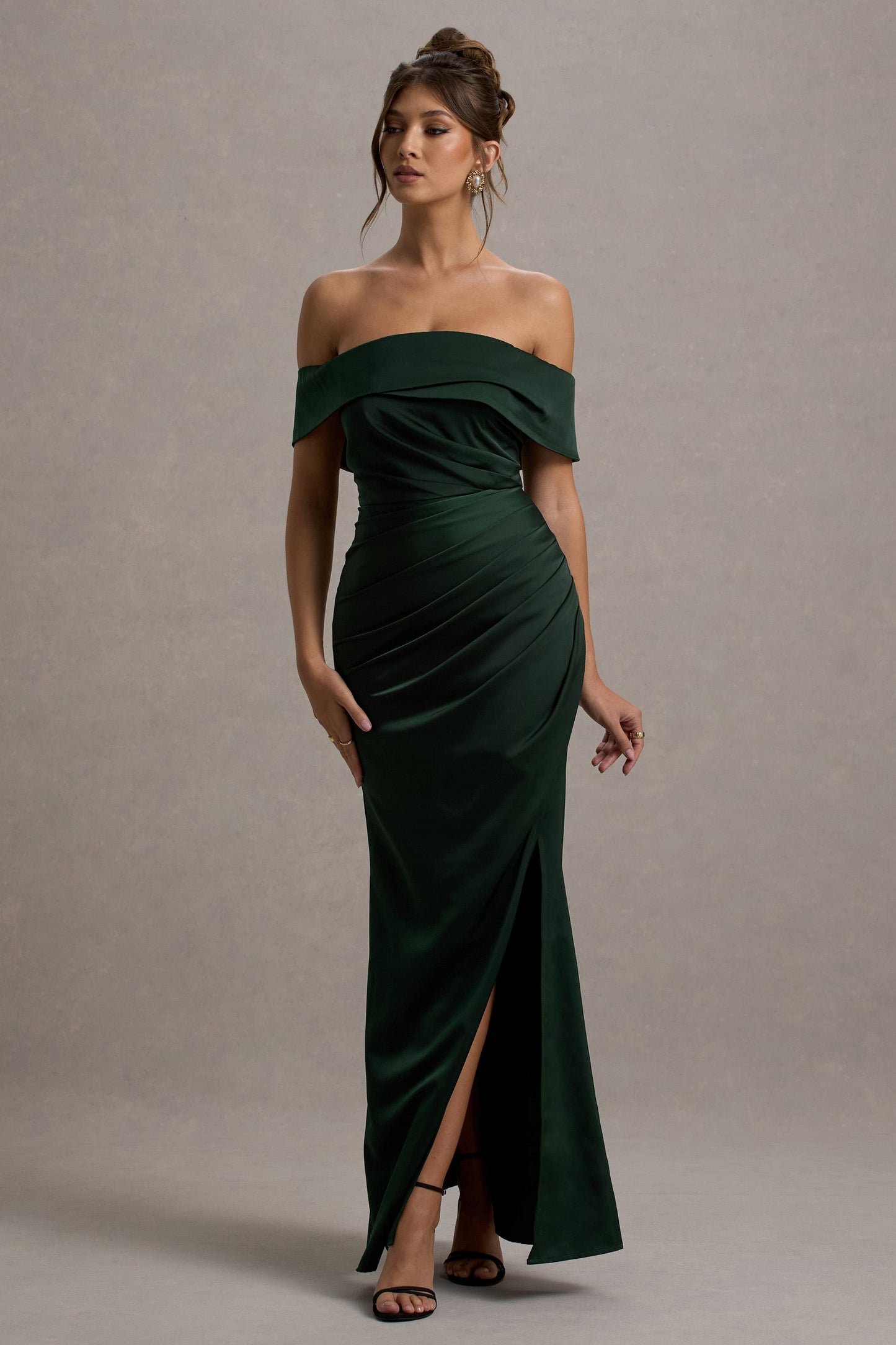 Martine | Bottle Green Satin Bardot Wrap Maxi Dress