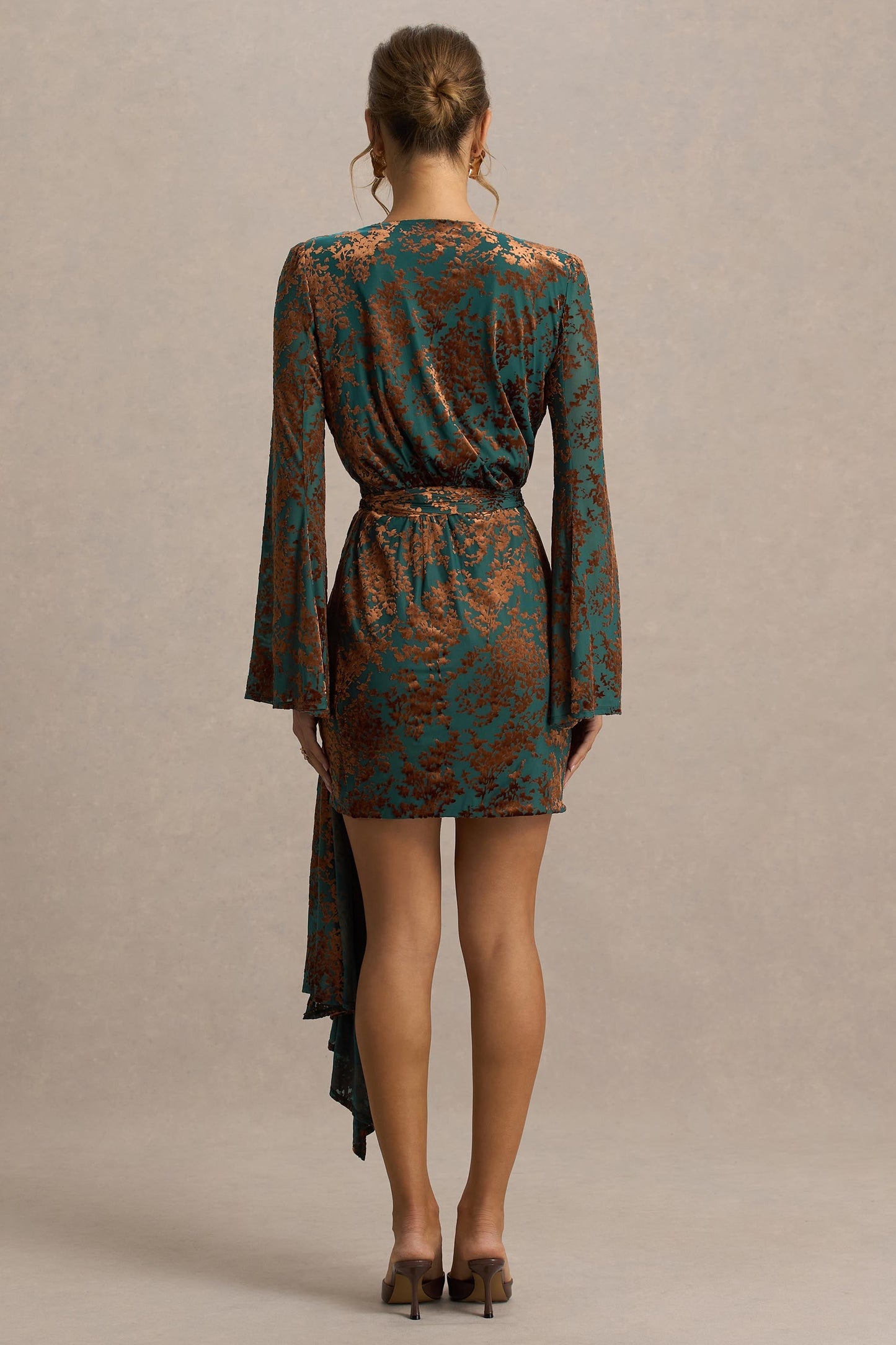 Dimitra | Dark Green And Brown Velvet Devore Plunge-Neck Wrap Mini Dress