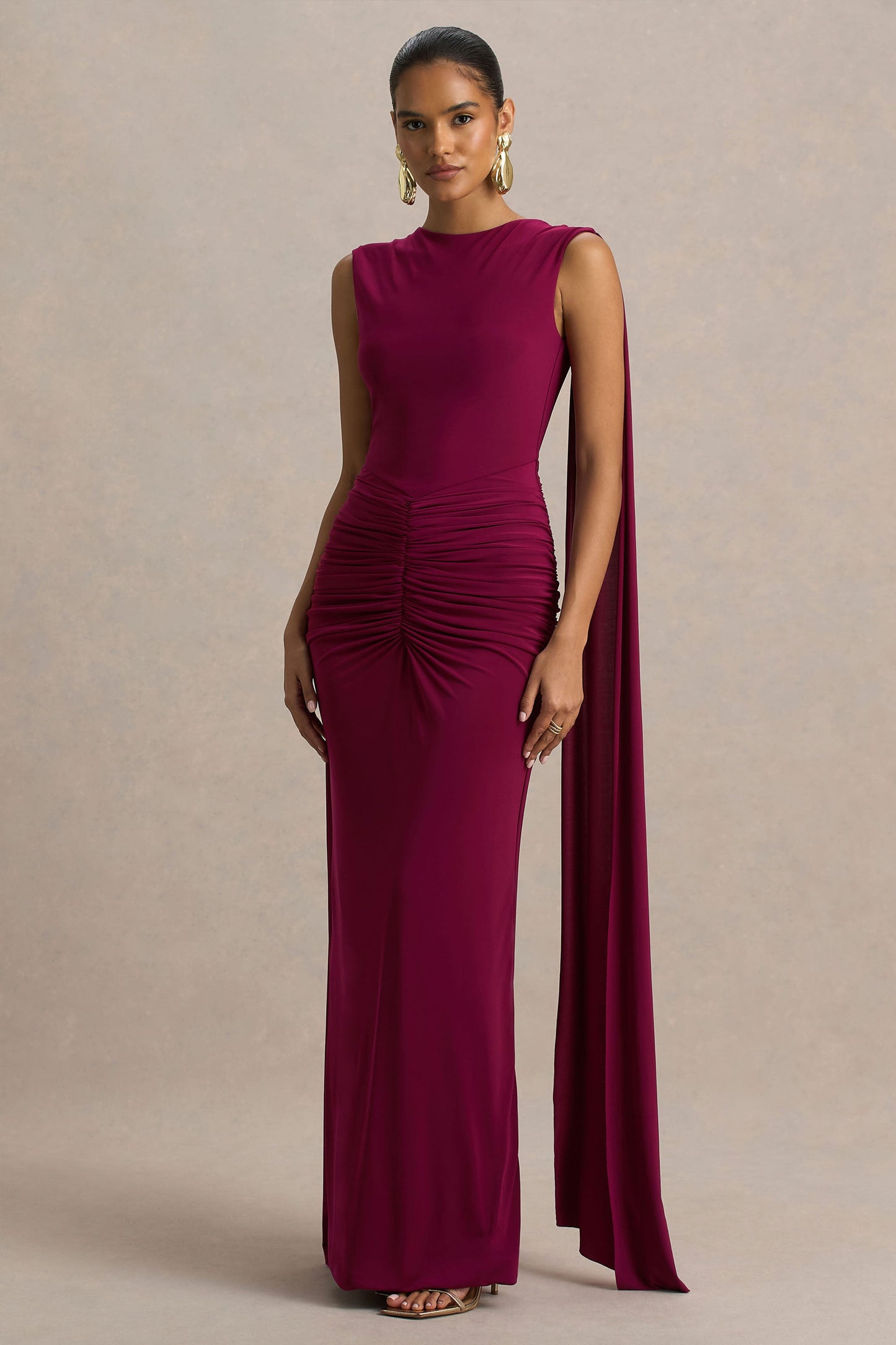 Premiere | Burgundy Boat-Neck Maxi Dress With Open-Back And Cape-Sleeves