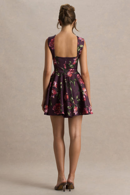 Magic | Burgundy Floral Print Sweetheart-Neck Mini Dress.