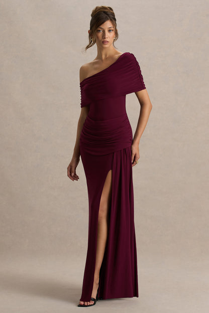 Dynasty | Burgundy Asymmetric-Neck Maxi Dress With Ruched Detailing And Front High-Split