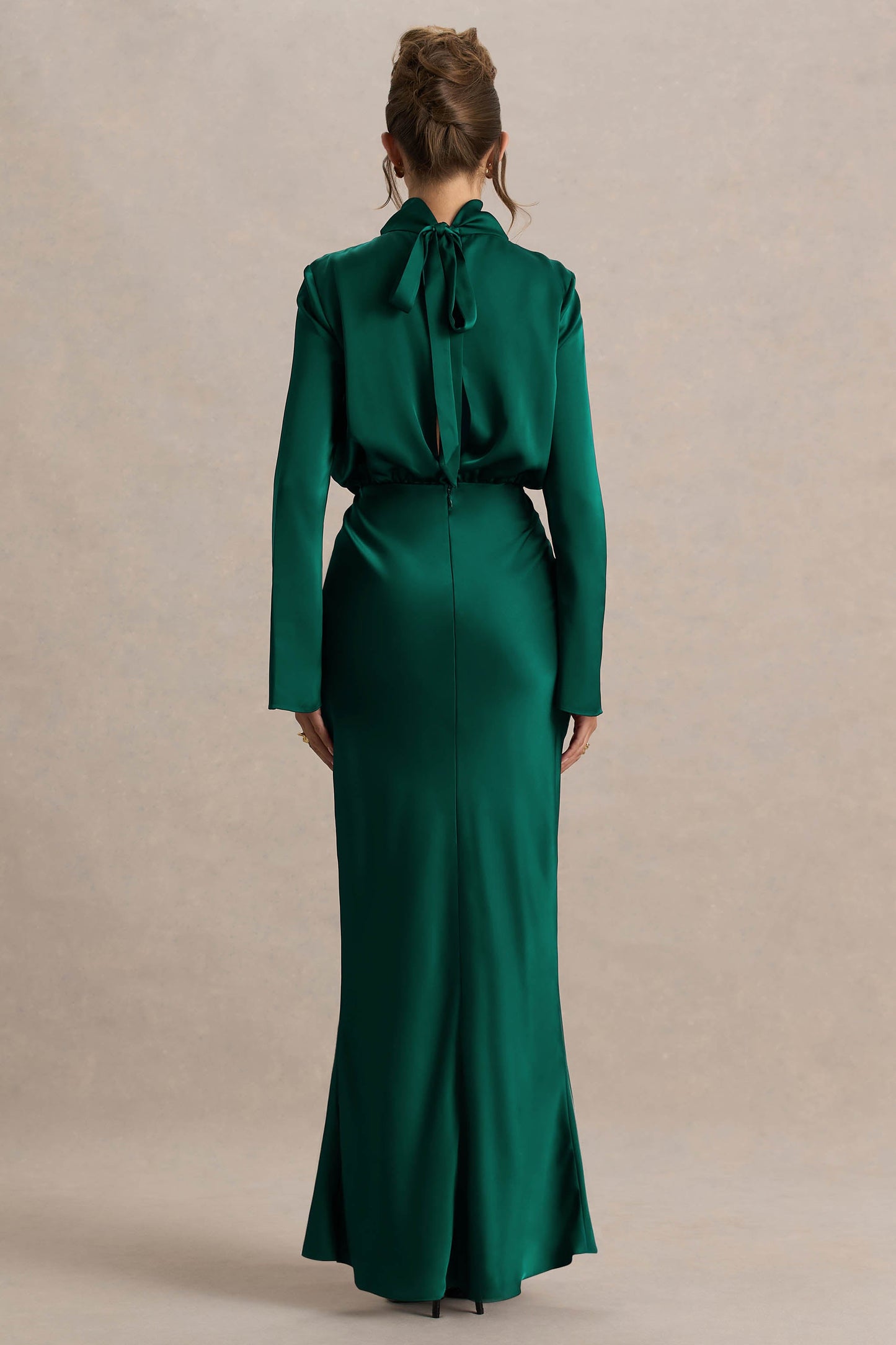 Celina | Bottle Green Satin High-Neck Maxi Dress