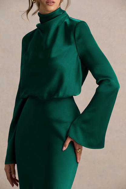 Celina | Bottle Green Satin High-Neck Maxi Dress