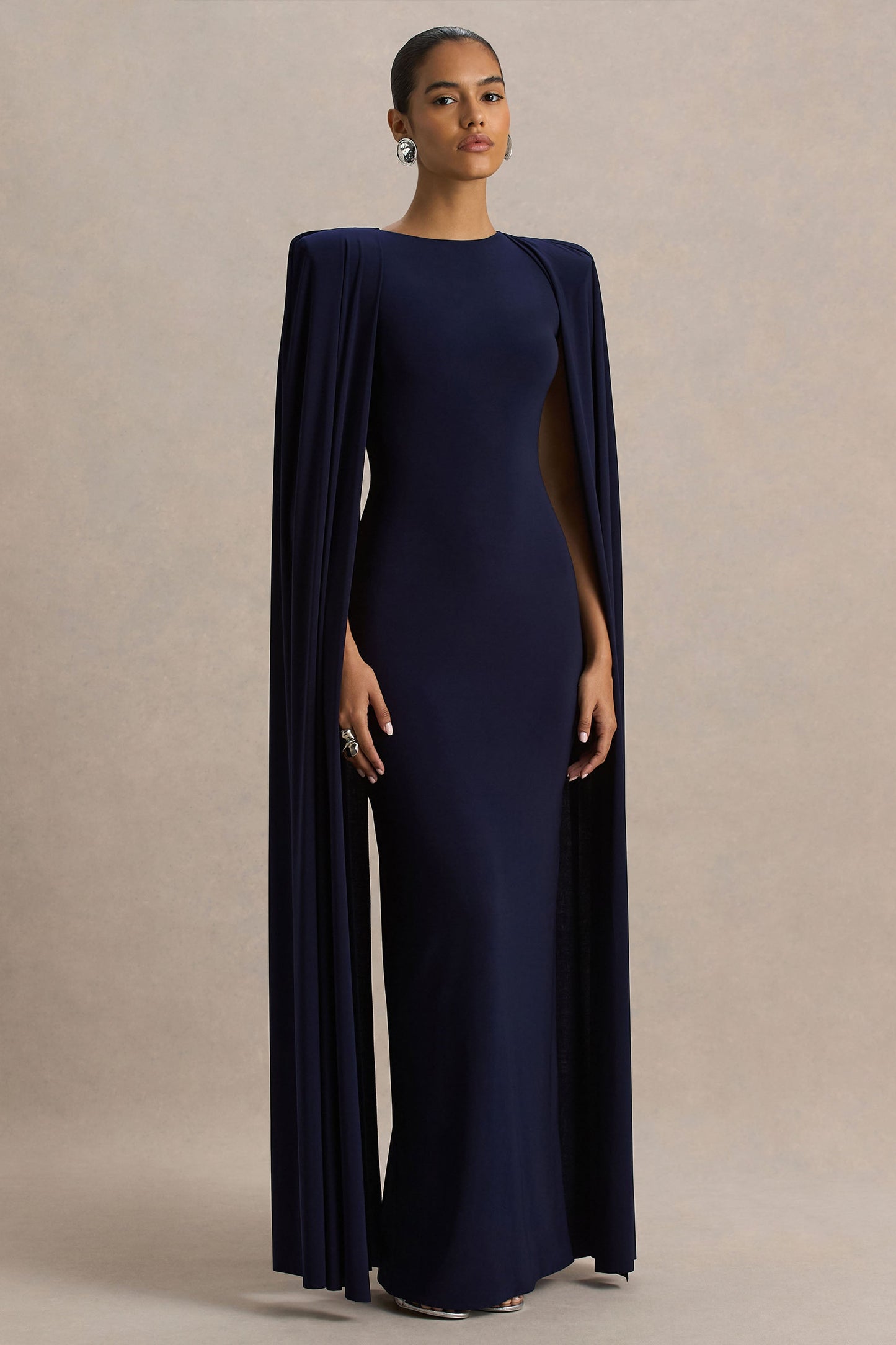 Mimi | Navy High-Neck Maxi Dress With Cape Sleeve Detail