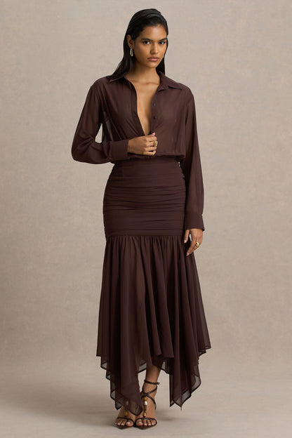 Kris | Brown Plunge-Neck Maxi Dress With Ruched Detailing