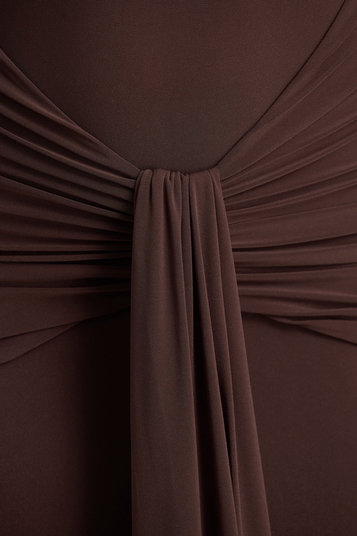 Saffie | Chocolate Extreme-Plunge Wrap Maxi Dress With Long-Sleeves And Ruched Detailing