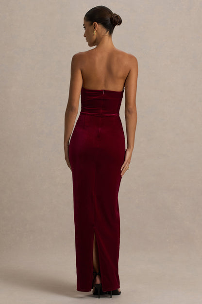 Illusion | Burgundy Velvet Bandeau Maxi Dress With Bow Detail