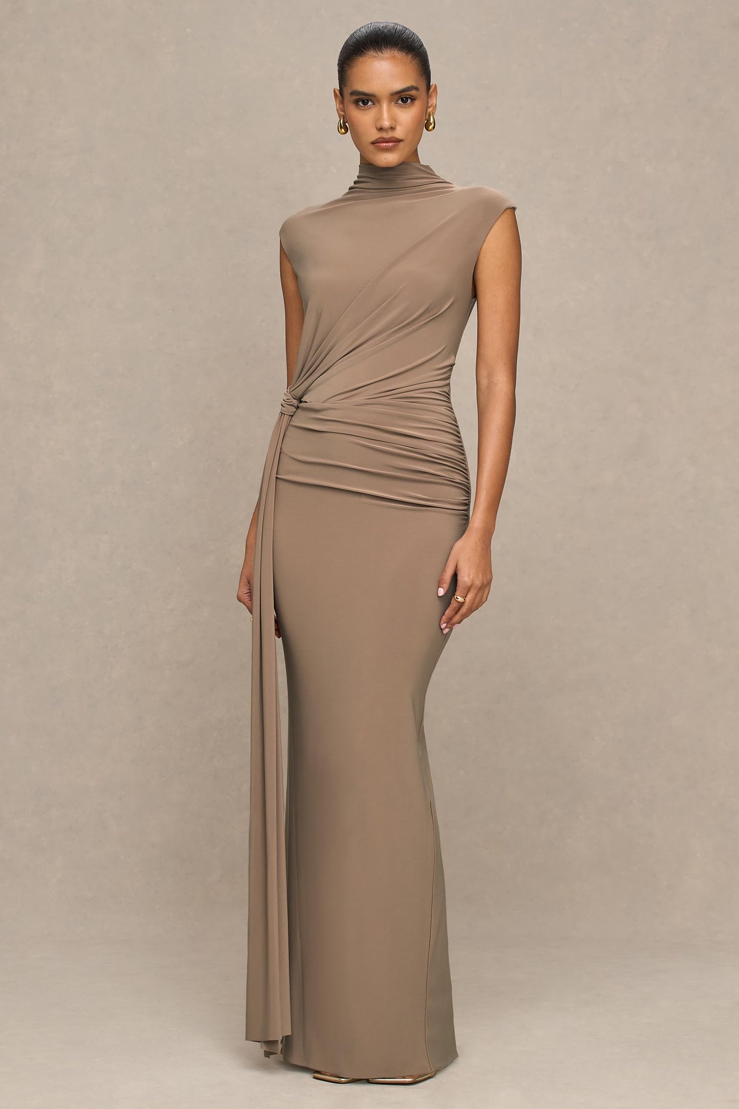 Solene | Brown High-Neck Maxi Dress With Wrap And Drape Detail