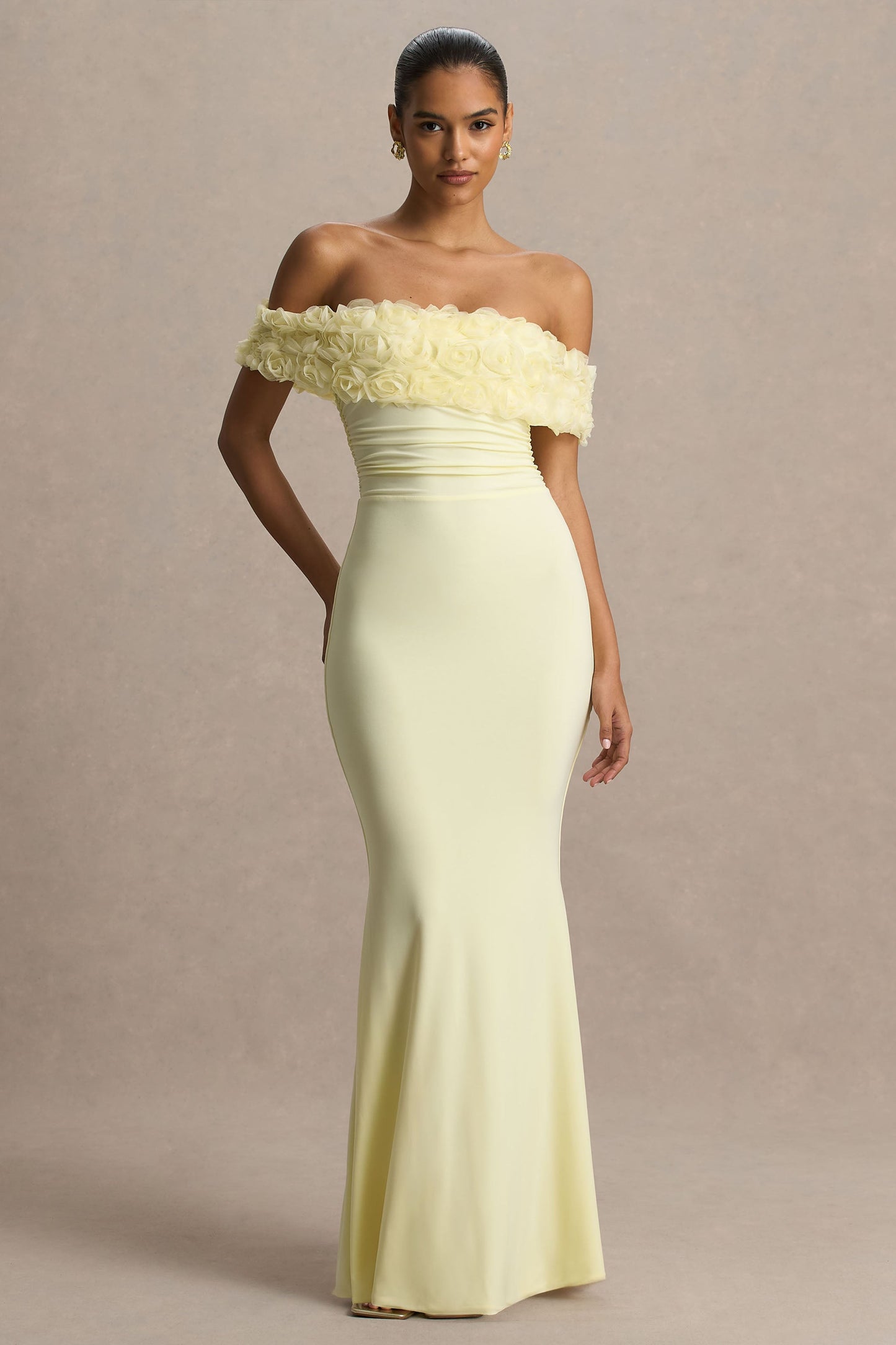 Pastille | Lemon Floral Bardot Maxi Dress With Ruched Detailing