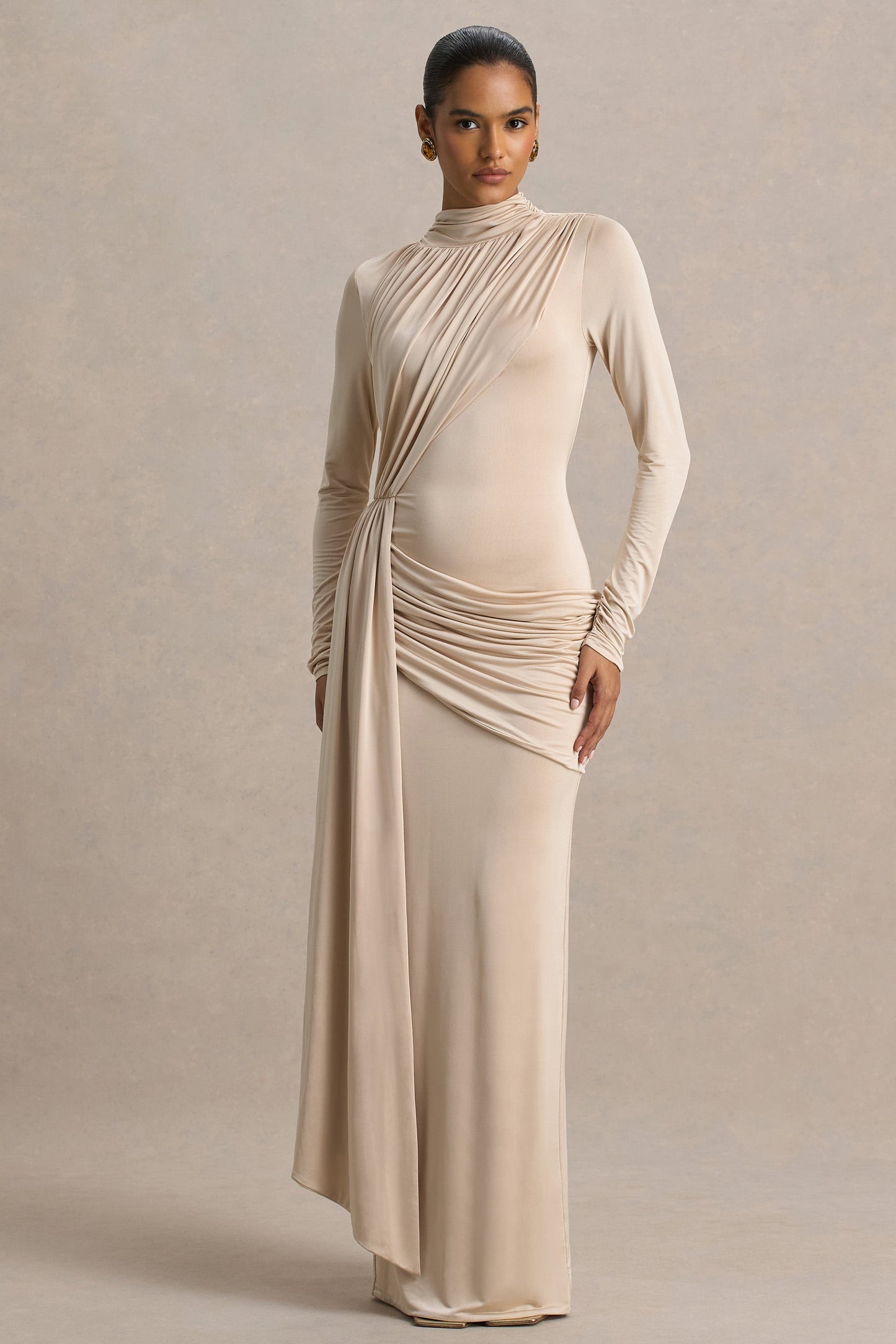Romi | Champagne High-Neck Maxi Dress With Ruched Detailing