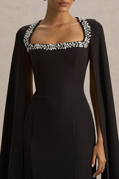 Glossy | Black Woven Square-Neck Maxi Dress With Cape Sleeves and Embellished Detail