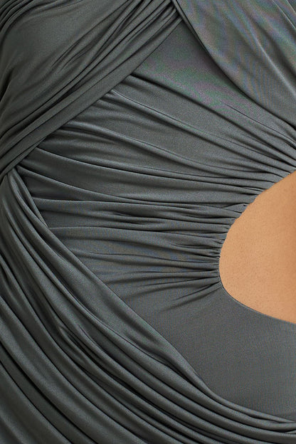 Serefine | Grey Asymmetric-Neck Maxi Dress With Body Cut-Out