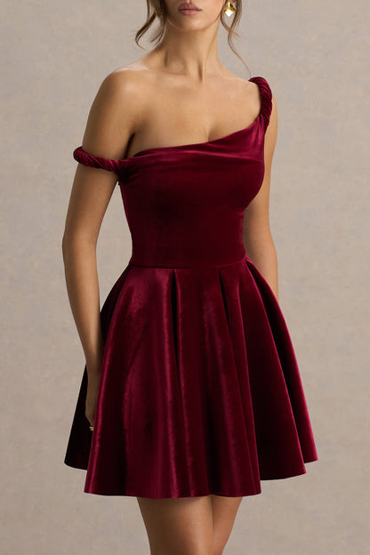 Leticia | Burgundy Velvet Asymmetric-Neck Velvet Mini Dress With Twist-Sleeve