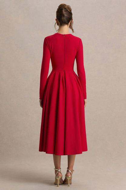 Bellamy | Red Crew-Neck Long-Sleeve Midi Dress