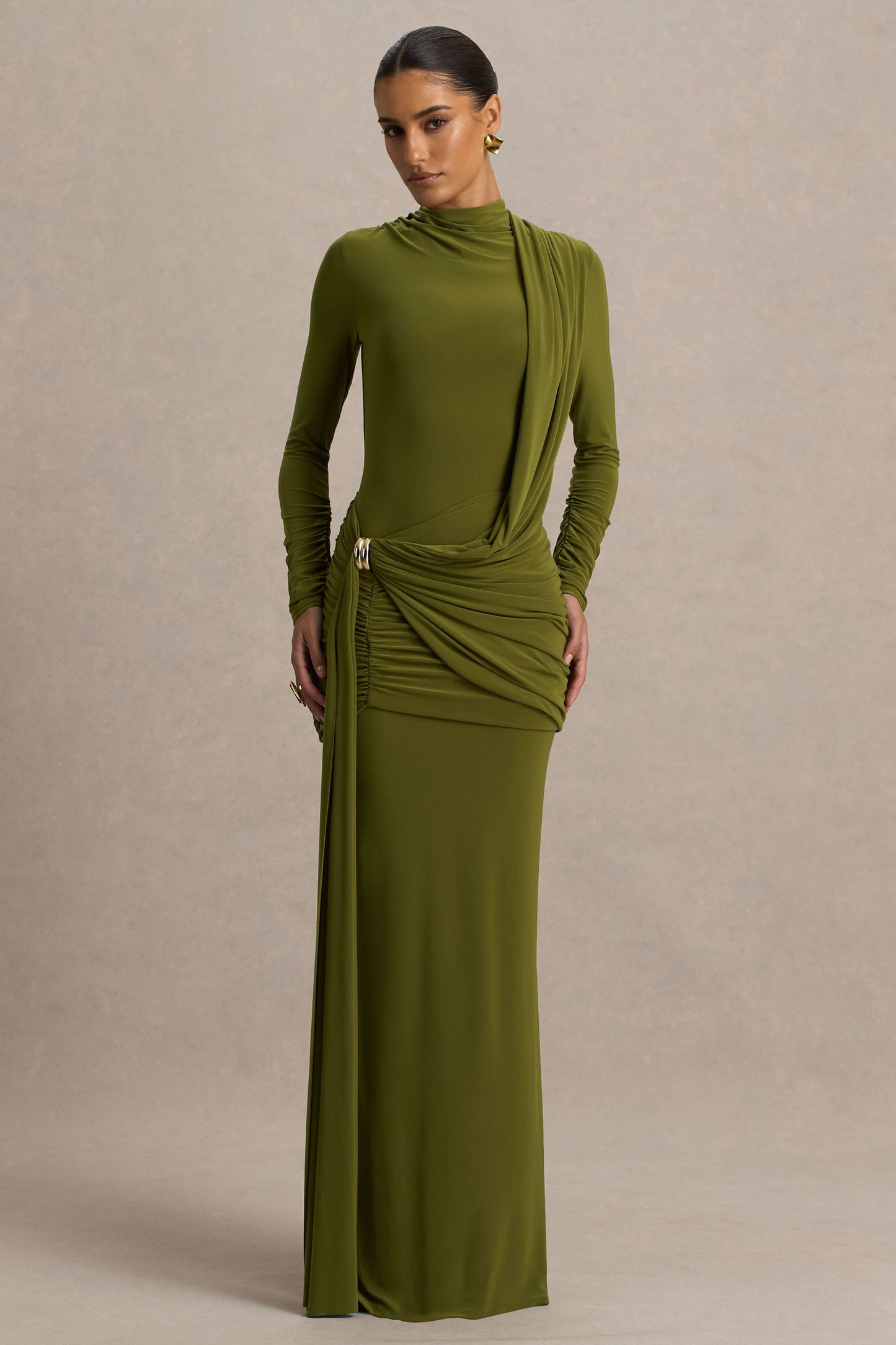 Melissa | Olive Long-Sleeve Wrap Maxi Dress With Ruched Detailing