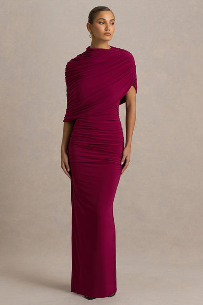Glitz | Burgundy High-Neck Maxi Dress With Cape Sleeve and Ruched Detailing