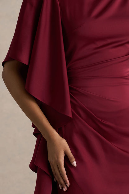 Rosy | Burgundy Satin Boat-Neck Maxi Dress With Front Split And Ruched Detailing