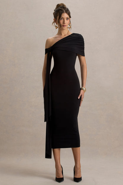 Praia | Black Asymmetric-Neck Maxi Dress With Sash and Draped Detailing