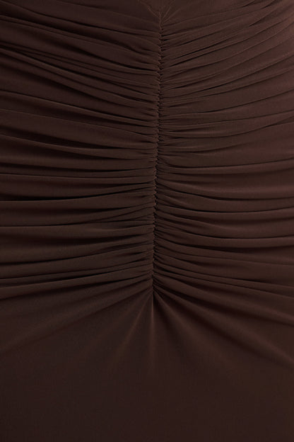 Premiere | Brown Boat-Neck Maxi Dress With Cape Sleeves And Open-Back