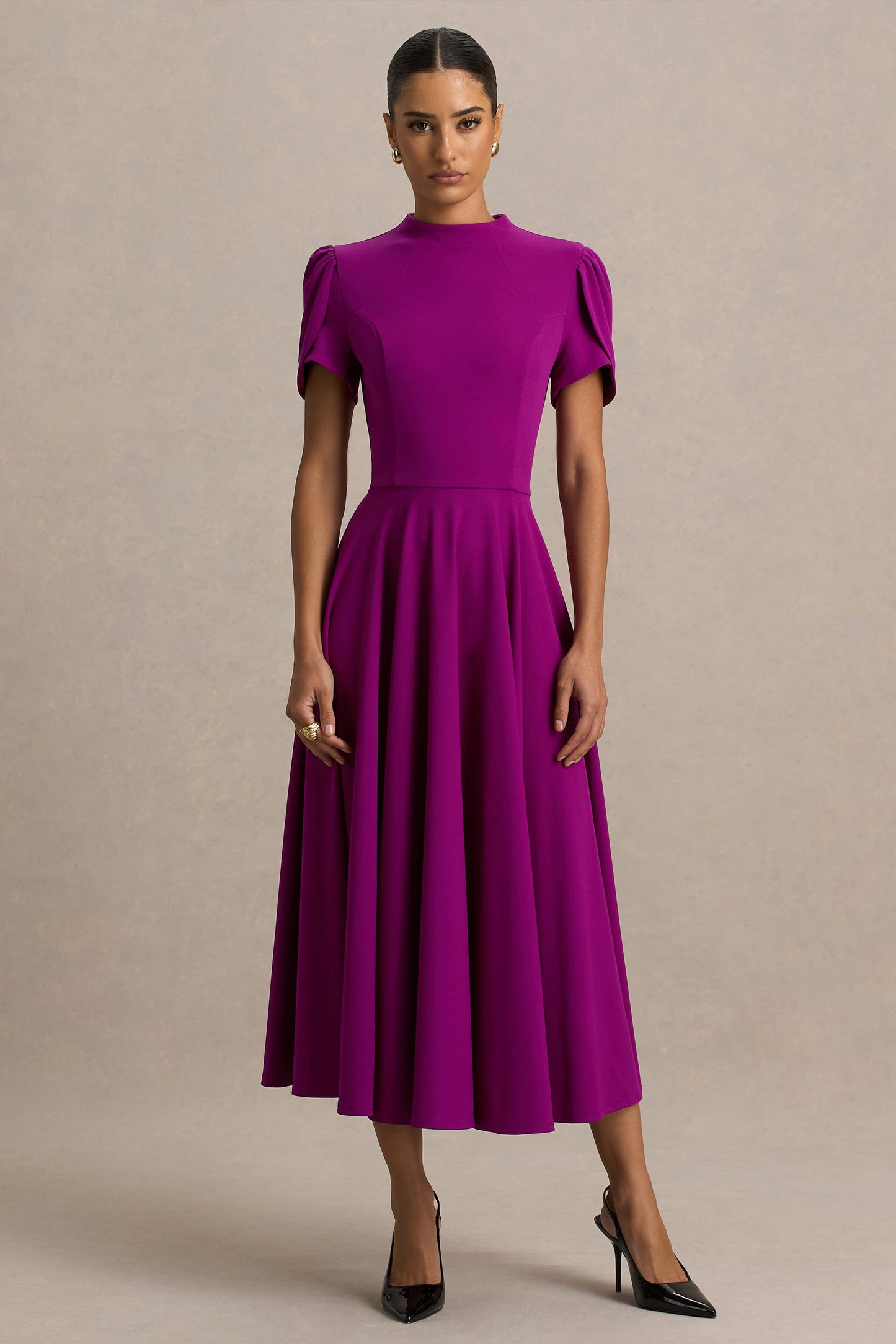 Vicky | Mulberry High Neck Midi Dress With Puff Sleeves
