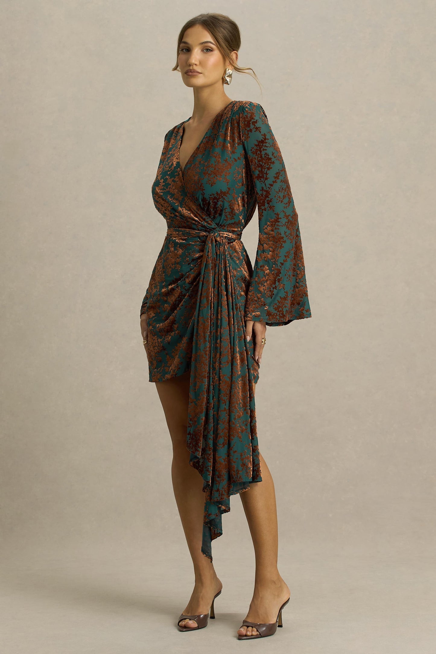 Dimitra | Dark Green And Brown Velvet Devore Plunge-Neck Wrap Mini Dress