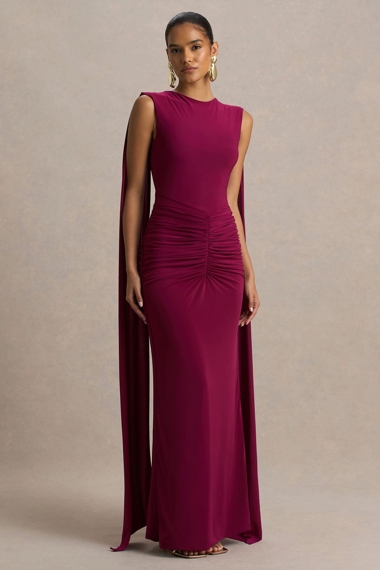 Premiere | Burgundy Boat-Neck Maxi Dress With Open-Back And Cape-Sleeves