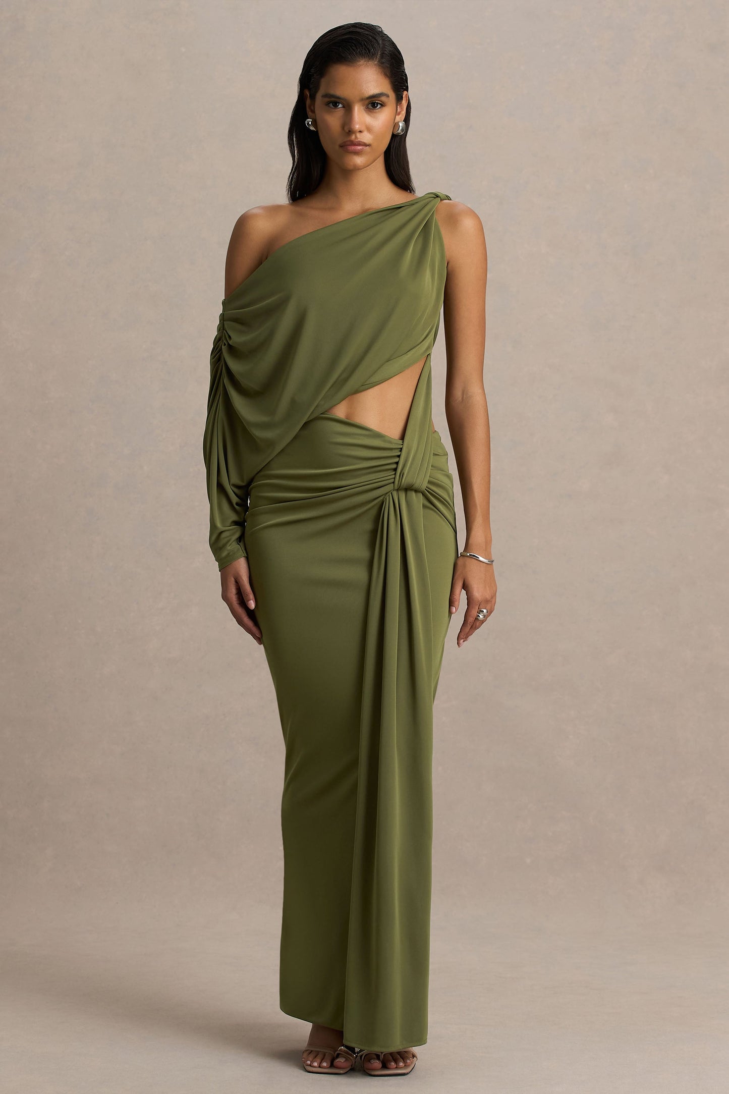 Layla | Olive Asymmetric-Neck Wrap Maxi Dress With Body Cut-Out And Ruched Detailing