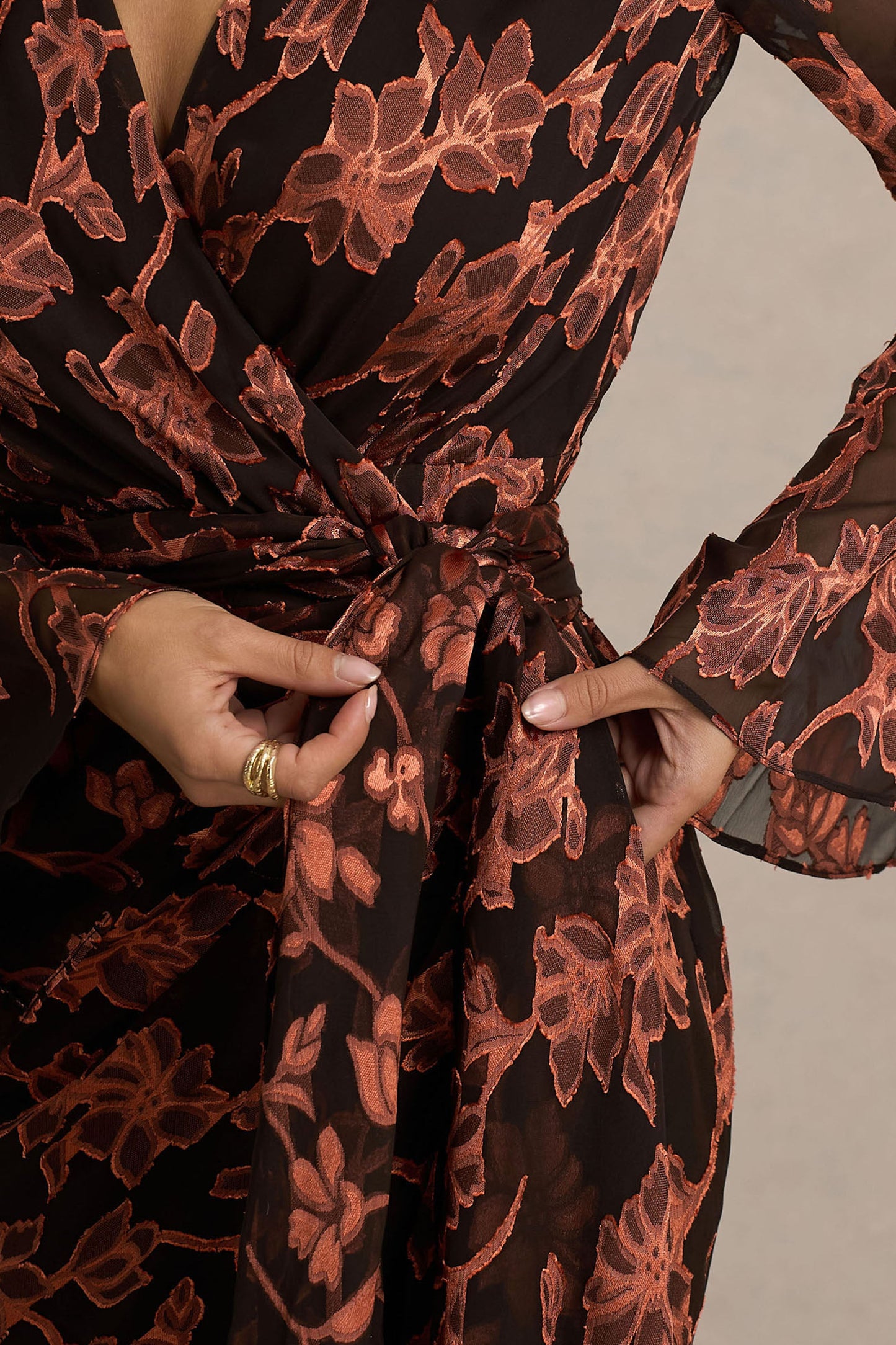 Lindsey | Black And Rust Plunge-Neck Wrap Mini Dress With Bell Sleeves And Sash Detail