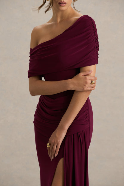 Dynasty | Burgundy Asymmetric-Neck Maxi Dress With Ruched Detailing And Front High-Split