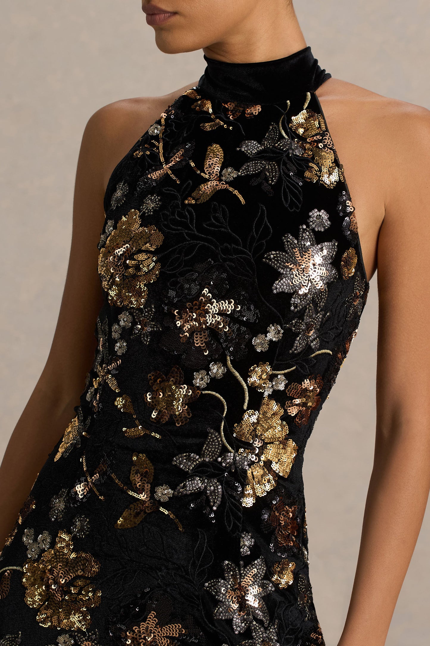 Tate | Black Velvet Halter-Neck Maxi Dress With Bronze Floral Sequin