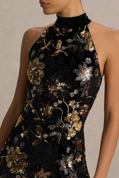 Tate | Black Velvet Halter-Neck Maxi Dress With Bronze Floral Sequin