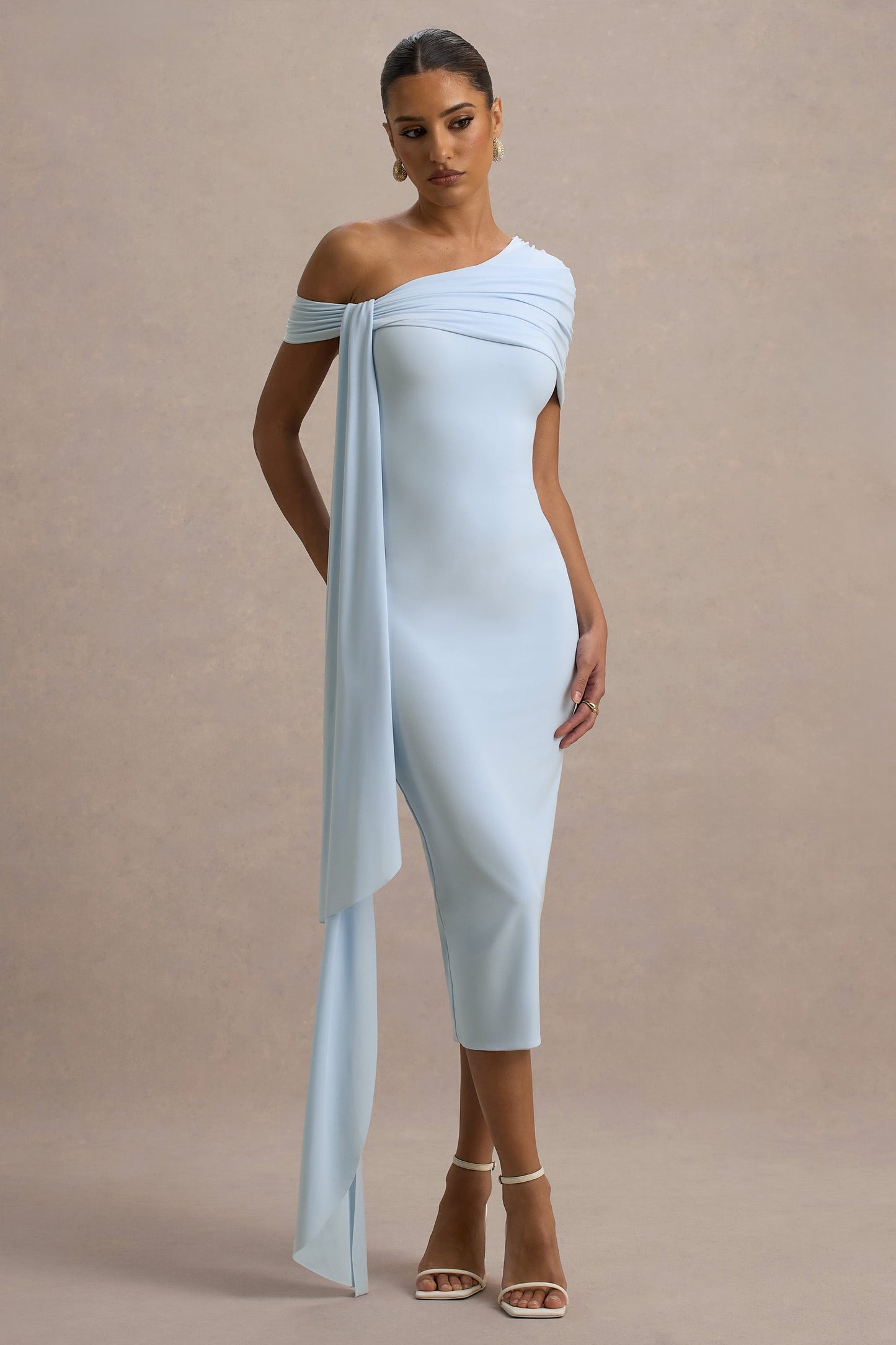 Vallea | Powder Blue One-Shoulder Draped Midi Dress