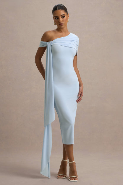 Vallea | Powder Blue One-Shoulder Draped Midi Dress