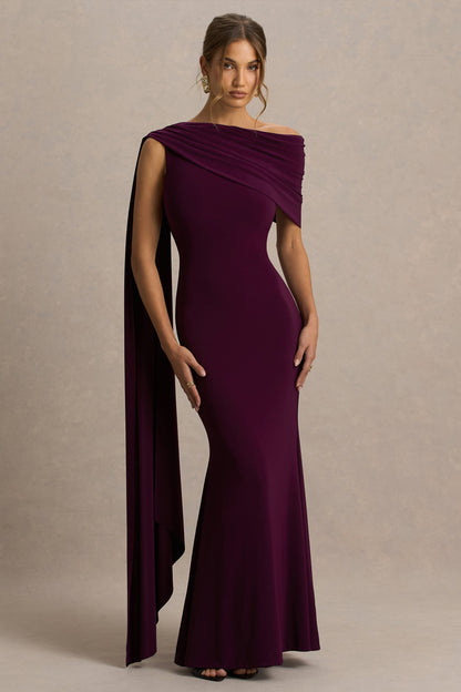 Tiana | Dark Plum Asymmetric-Neck Maxi Dress With Draped Detail