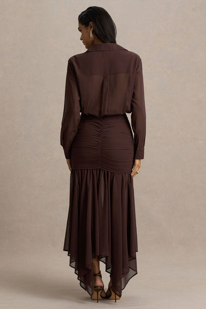 Kris | Brown Plunge-Neck Maxi Dress With Ruched Detailing