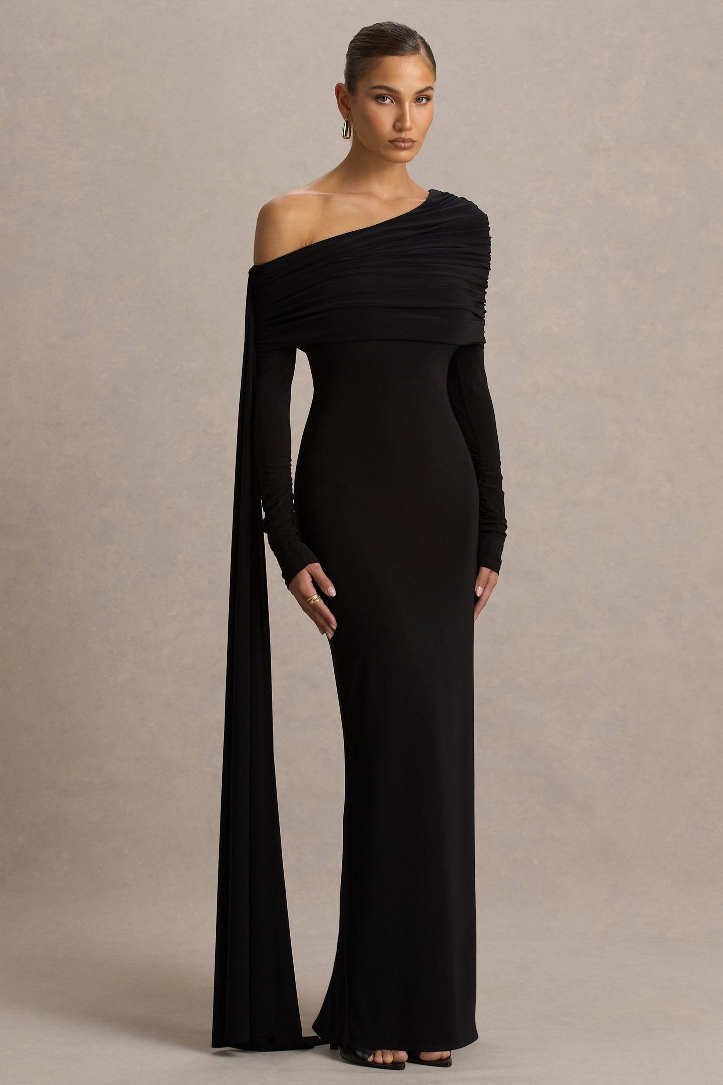 Octavia | Black Bardot-Neck Maxi Dress With Cape And Ruched Detailing