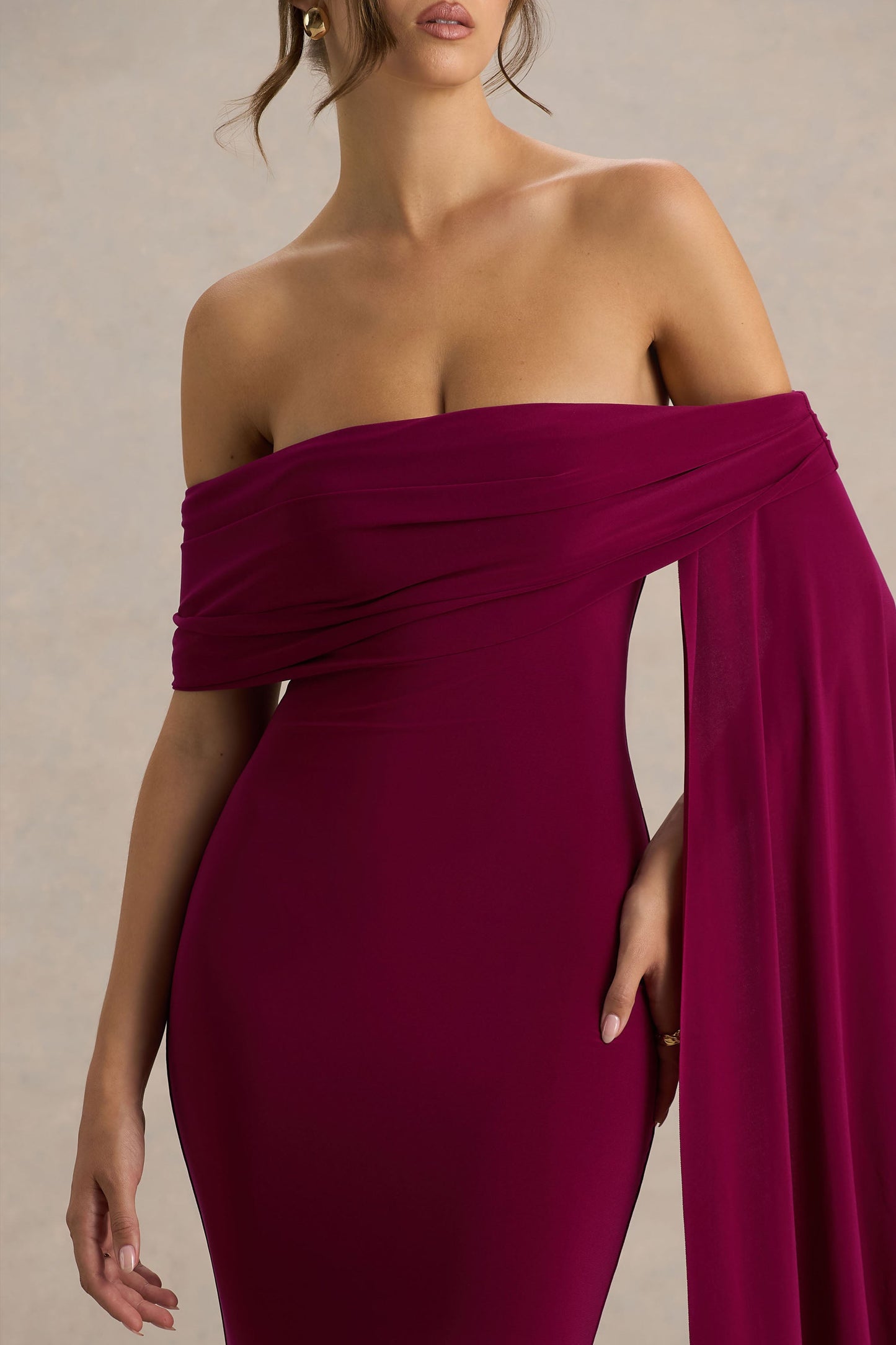 Saffina | Burgundy Bardot-Neck Maxi Dress With Sash Detail