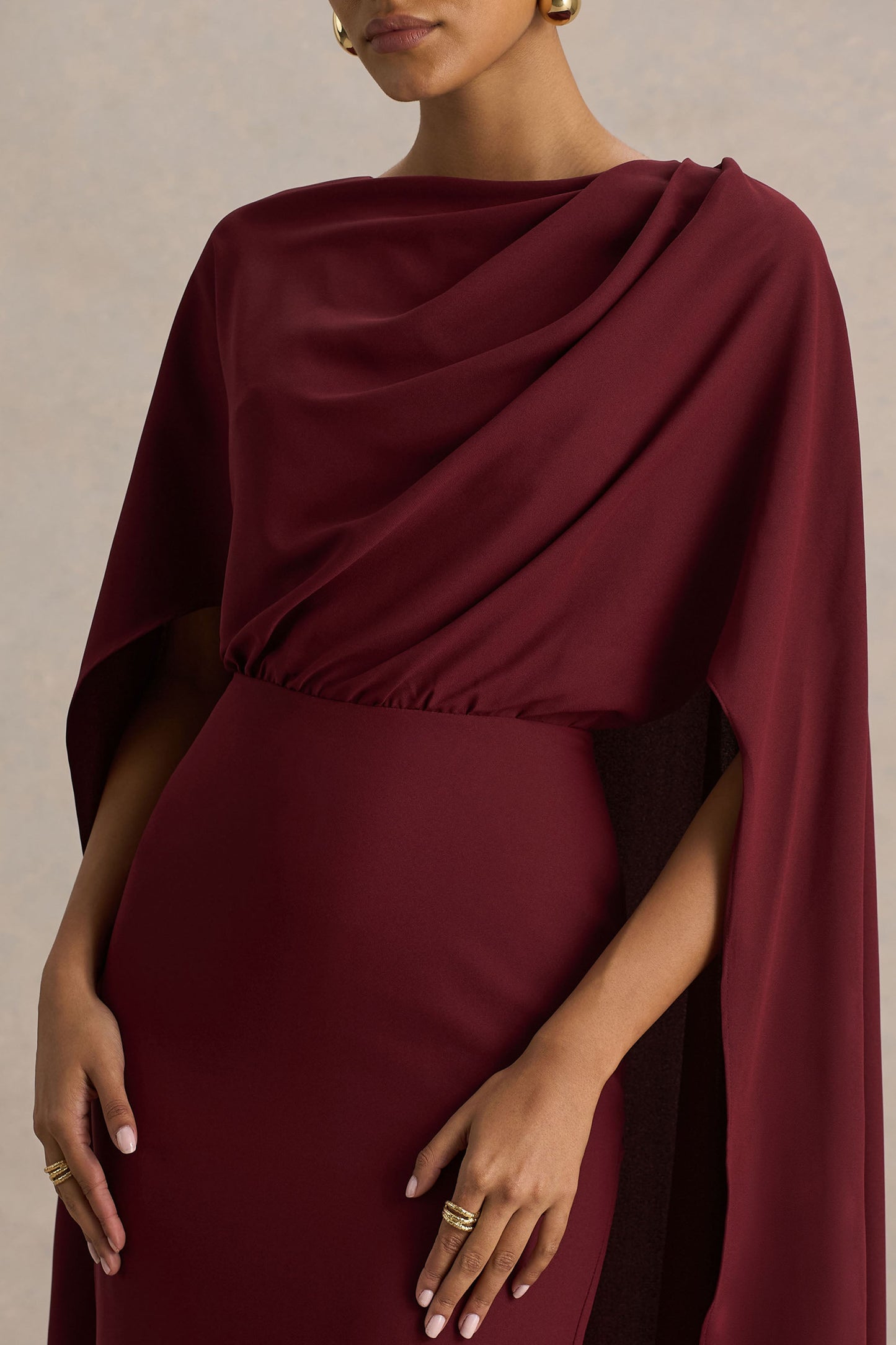 Pristina | Burgundy High-Neck Woven Maxi Dress With Cape Detail