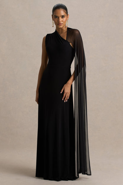 Selena | Black High-Neck Maxi Dress With Cut-Out And Cape Sleeve Detail