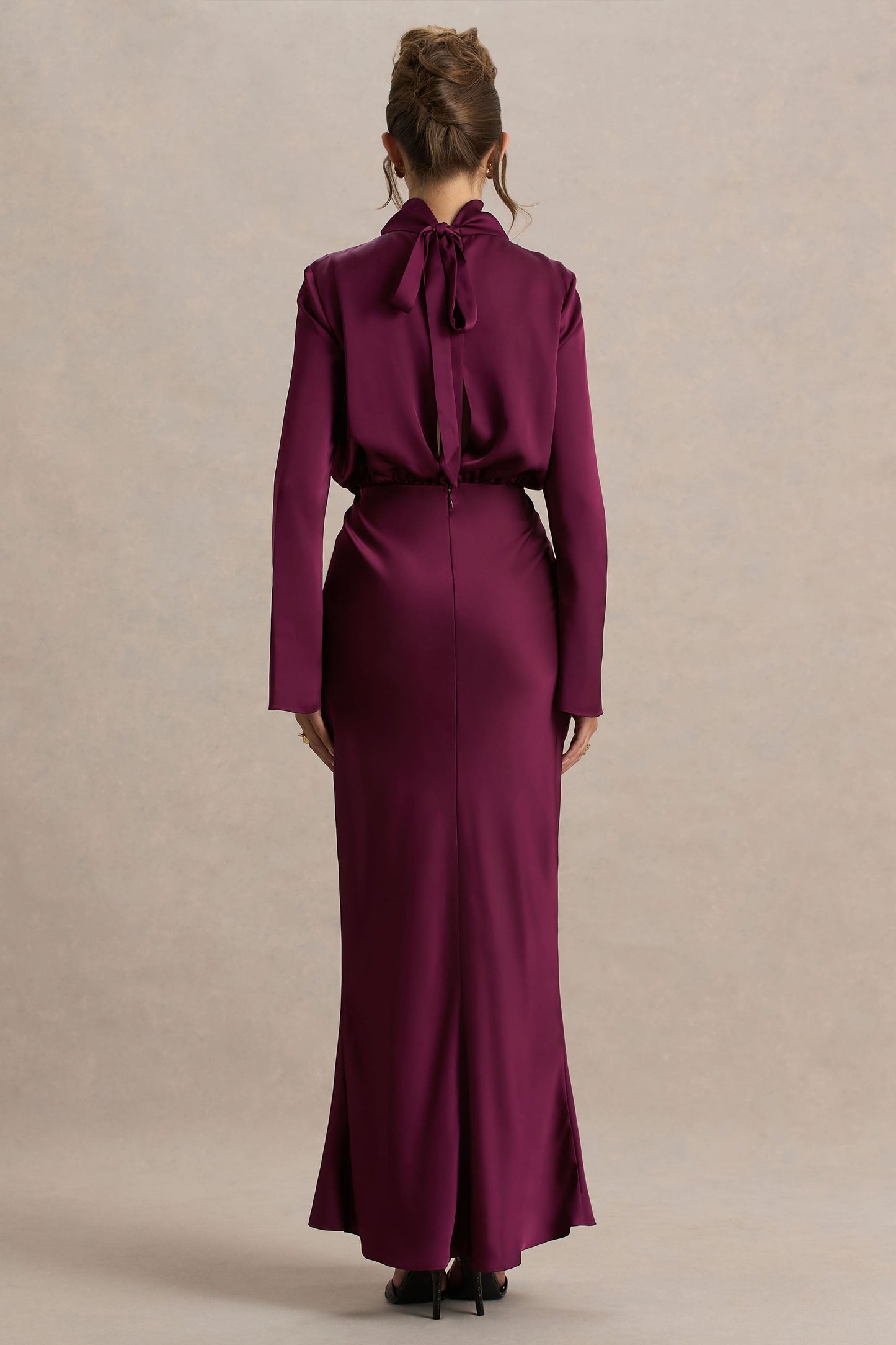 Celina | Burgundy Satin High-Neck Maxi Dress