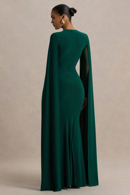 Isla | Bottle Green Crew-Neck Maxi Dress With Cape Sleeve