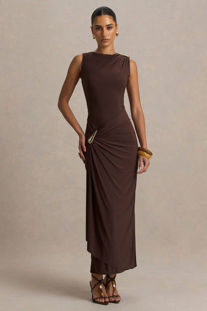Fiora | Brown High-Neck Maxi Dress With Metal Detail
