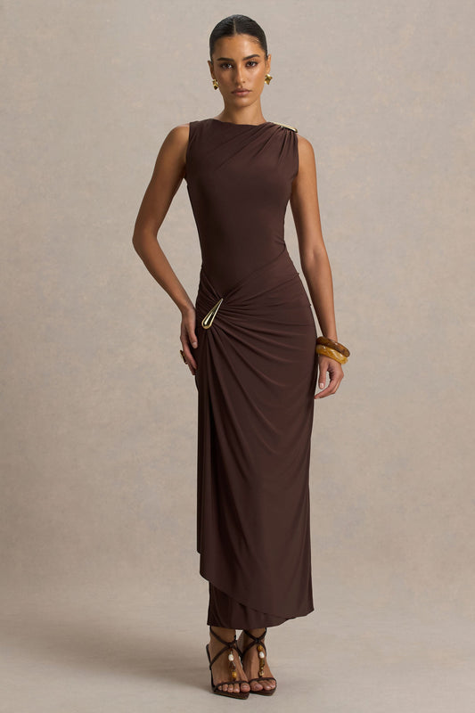 Fiora | Brown High-Neck Maxi Dress With Metal Detail