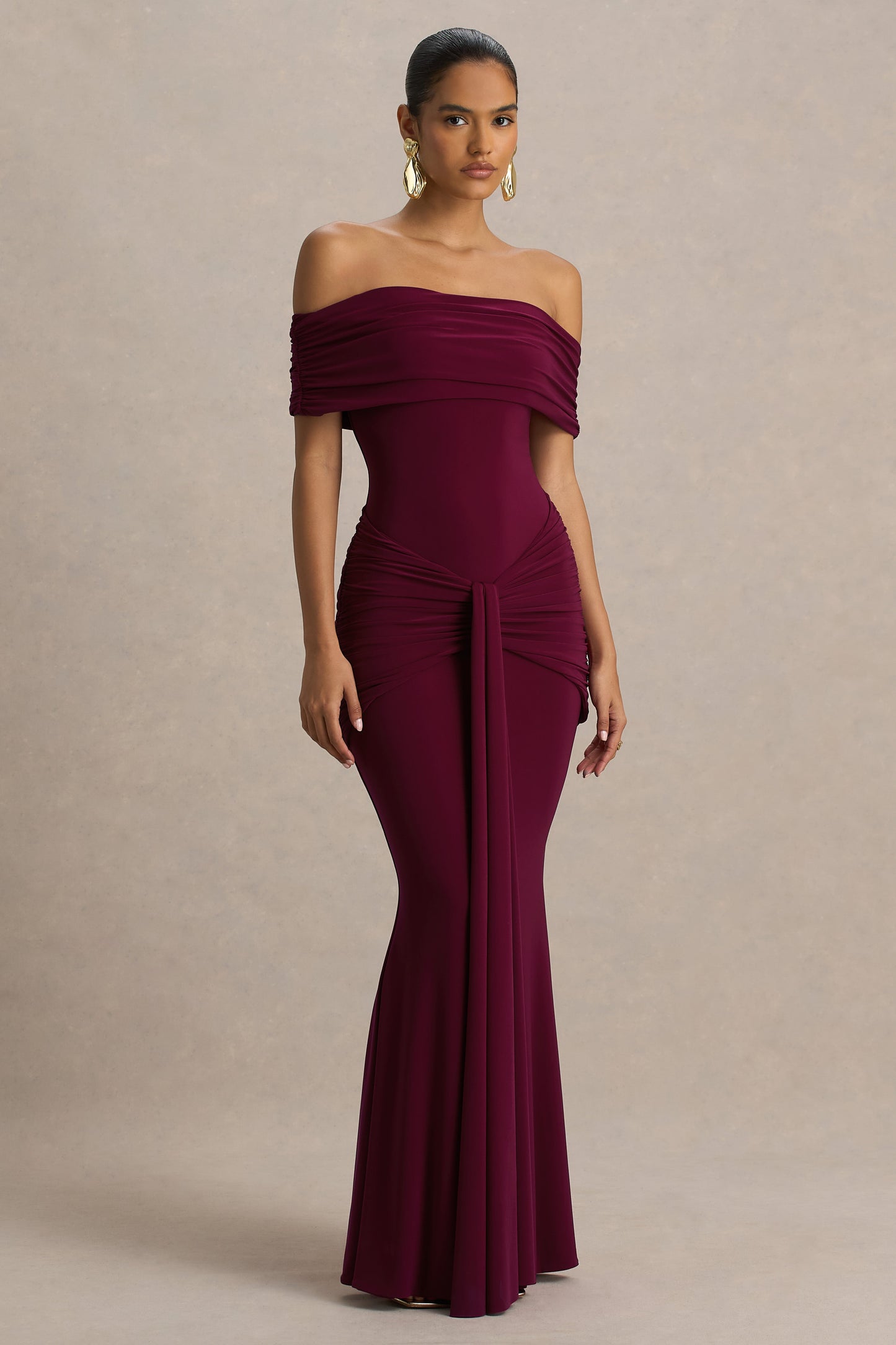 Envisioned | Burgundy Bardot-Neck Maxi Dress With Gathered And Drape Detail
