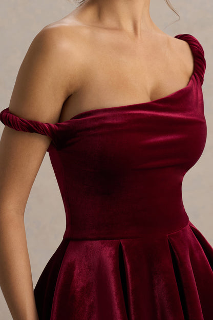 Leticia | Burgundy Velvet Asymmetric-Neck Velvet Mini Dress With Twist-Sleeve
