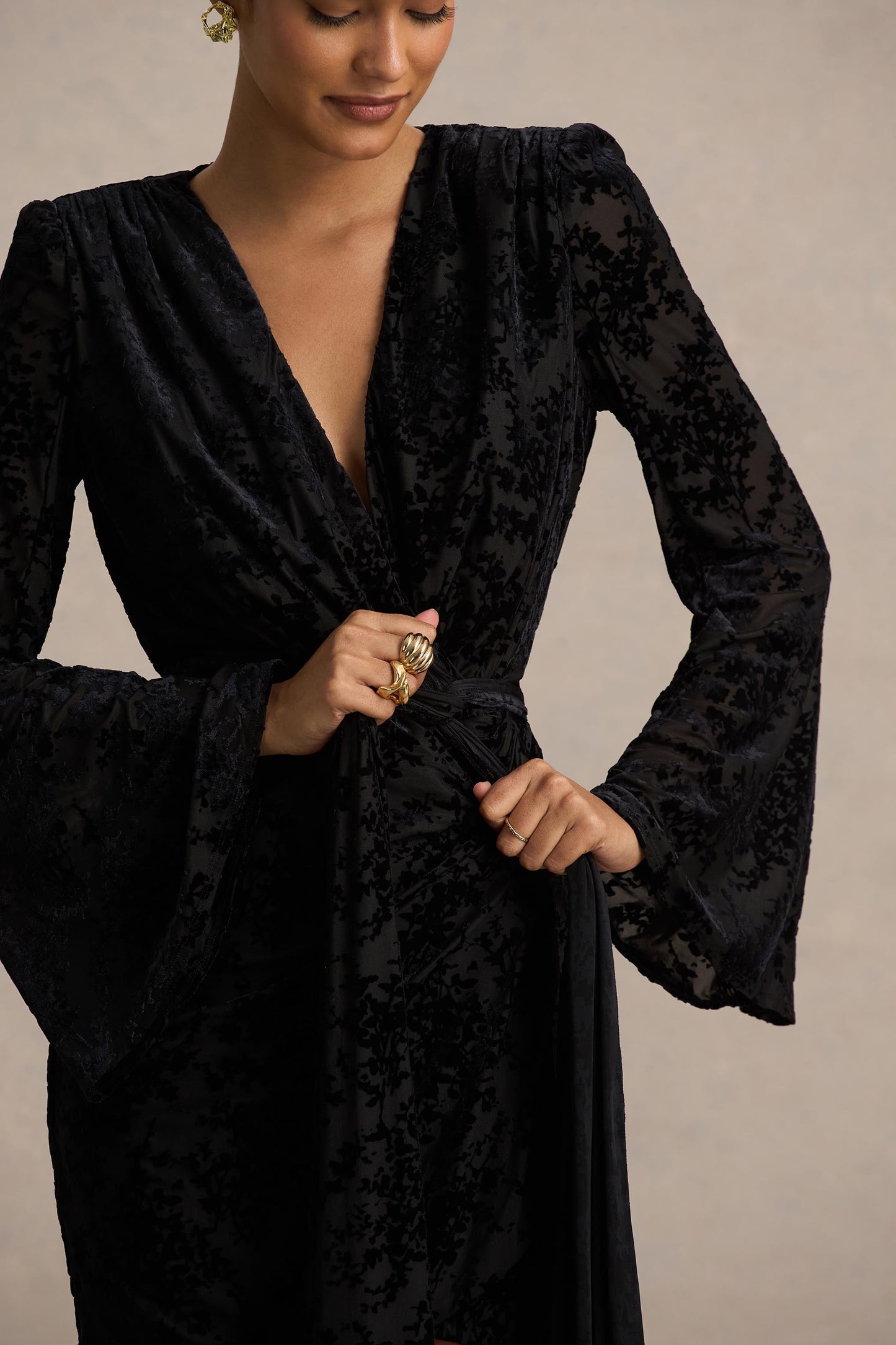 Vicenta | Black Velvet Devore Plunge-Neck Wrap Mini Dress