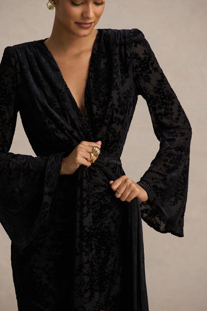 Vicenta | Black Velvet Devore Plunge-Neck Wrap Mini Dress