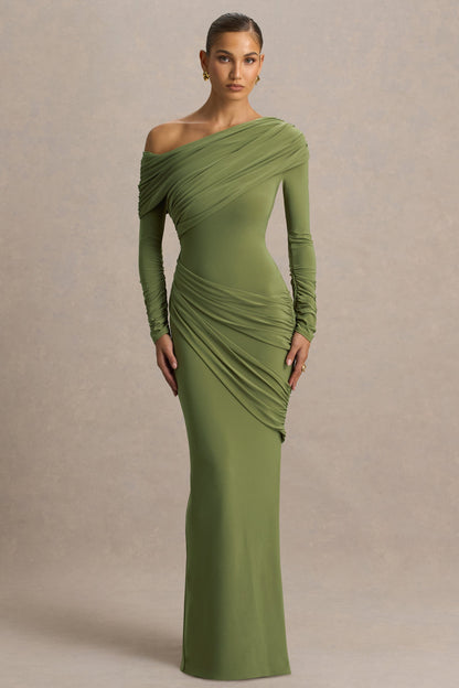 Perrie | Olive Asymmetric-Neck Maxi Dress With Ruched Detailing