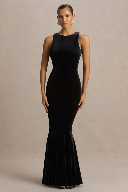 Pippa | Black Velvet Crew-Neck Mermaid Maxi Dress